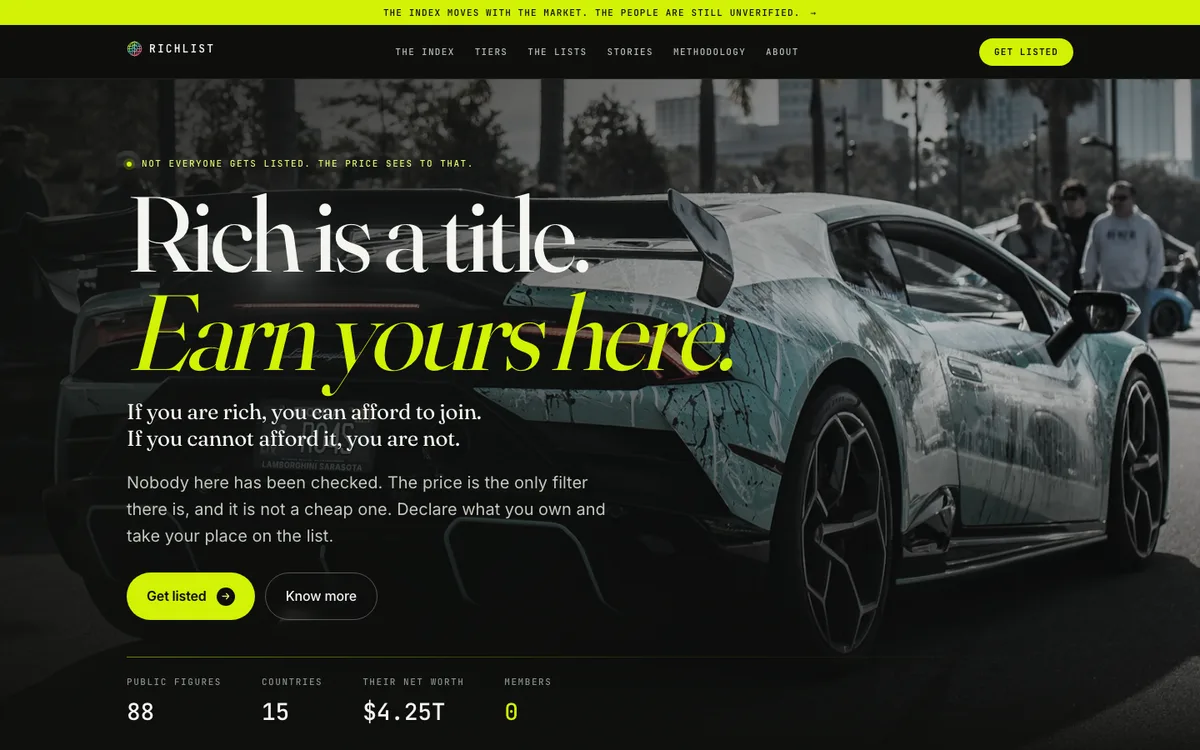 The richlist.online home page: a lime announcement bar, a desaturated supercar photograph under a dark scrim, a large serif headline with a second line in italic lime, a lime button and a row of mono statistics.