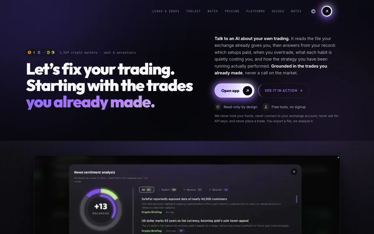 The traders-zone.in home page: a near-black violet field, a heavy white headline ending in violet, a lime pill button and a glass outline button, and the product's dashboard in a browser frame below.