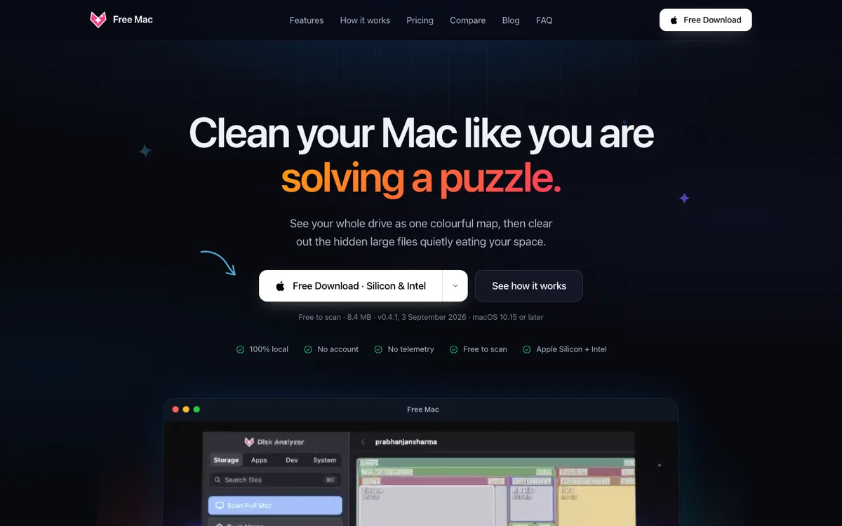 The free-mac.online home page: a centred white headline with an orange-to-pink gradient phrase, a white download pill, a row of green-check reassurances, and the Mac app in a window frame with traffic lights.